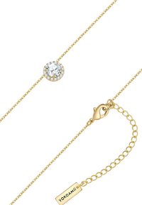 Gul kædearmbånd med en central rund klar krystal omkranset af mindre sten, med en hummerlås og et mærketag.