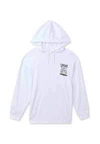 Felpa bianca con cappuccio in misto cotone, dotata di tasca a marsupio frontale, cappuccio con cordini e stampa grafica nera sul petto.