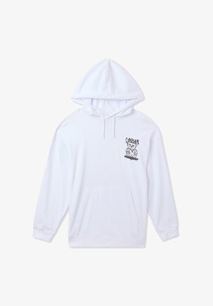 Felpa bianca con cappuccio in misto cotone, dotata di tasca a marsupio frontale, cappuccio con cordini e stampa grafica nera sul petto.