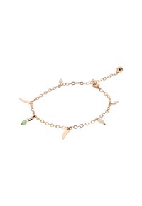 Pulsera en tono dorado con un diseño de cadena y acentos en forma de hoja, adornada con piedras preciosas verdes y blancas. Cierre ajustable para mayor versatilidad.
