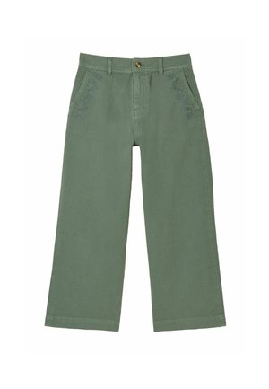 Grüne Hosen mit weitem Bein und Fronttaschen, die eine dezente Blumenstickerei und einen Knopfverschluss am Bund aufweisen.