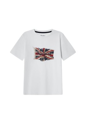 Vit bomulls T-shirt med en sliten Union Jack-tryck och "Pepe Jeans"-logo i rött. Korta ärmar och rundad halsringning.
