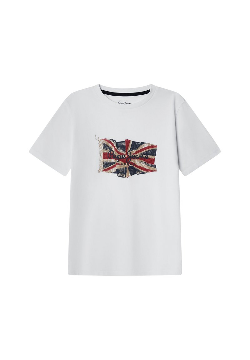 Camiseta blanca de algodón con un estampado desgastado de la Union Jack y el logo "Pepe Jeans" en rojo. Diseño de mangas cortas y cuello redondo.