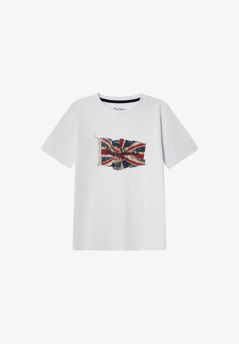 Valkoinen puuvillainen t-paita, jossa on kulutettu Union Jack -kuvio ja "Pepe Jeans" -logo punaisena. Lyhyet hihat ja pyöreä pääntie.