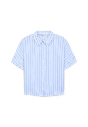 Camicia a maniche corte con bottoni di colore azzurro chiaro e righe verticali. Presenta un colletto e un tessuto morbido e leggero con una vestibilità rilassata.