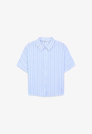 Kurzärmeliges Hemd mit Knöpfen in Hellblau mit vertikalen Streifen. Es hat einen Kragen und besteht aus einem weichen, leichten Stoff mit einem lässigen Schnitt.