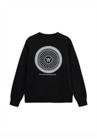 Sweatshirt noir à manches longues, avec un graphisme circulaire en bleu clair et blanc au dos, affichant un logo et un motif complexe.