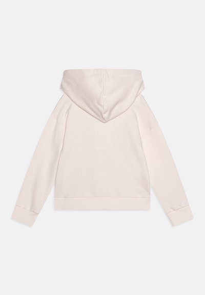 Light pink hooded sweatshirt with a relaxed fit, ribbed cuffs, and hem. Soft fabric texture with a seamless back design and no visible logos.