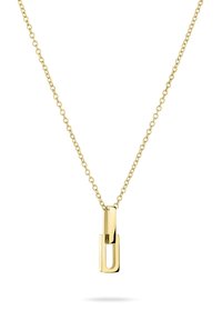 Collana in oro con pendente di forma rettangolare e ovale. Il pendente ha una finitura lucida e una texture liscia.