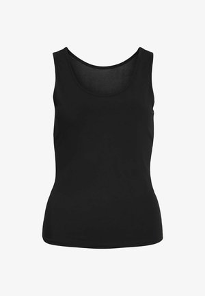 Débardeur noir sans manches avec un col rond, fabriqué en tissu léger, présentant une texture lisse et une coupe ajustée.