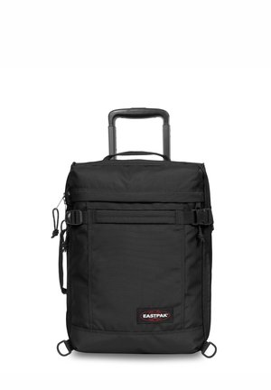 Black wheeled backpack with a rectangular shape, made of durable fabric. Features a front pocket, adjustable straps, and a retractable handle.