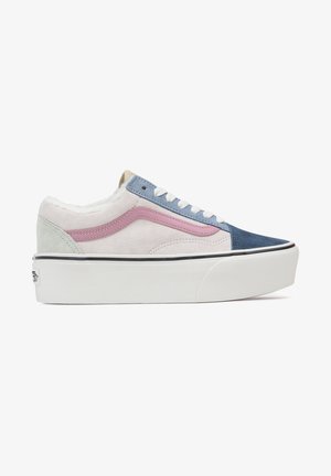 Low-top sneakers featuring a multi-colored design in blue, pink, green, and white suede with a fluffy lining and thick white outsole.