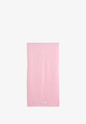 Light pink scarf made of soft fabric; rectangular shape with a smooth texture; features a small brand label at the bottom corner.