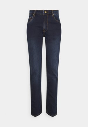 Dunkelblaue Denim-Jeans mit geradem Bein, goldenen Nähten, einem vorderen Knopfverschluss und klassischem fünf Taschen-Design.