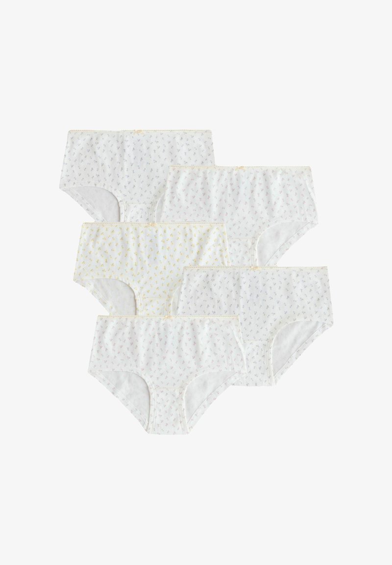 Pet parova pamučnih donjeg rublja u bijeloj boji s delikatnim cvjetnim uzorcima u plavoj, ružičastoj i žutoj boji, s mekim elastičnim pojasom.