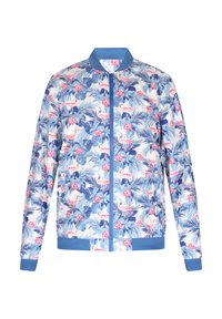 Blommig bomberjacka med blå bakgrund och rosa blommor samt gröna blad, dragkedja framtill, samt ribbade ärmslut och nederkant.