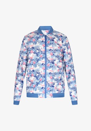 Jachetă bomber florală cu un fundal albastru, flori roz și frunze verzi, închidere cu fermoar și manșete și tiv cu elastic.
