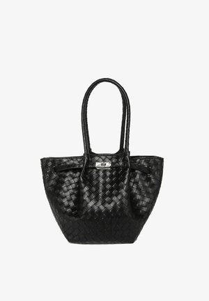 Must mustril nahast kott kahe pika käepidemega, omades struktureeritud kuju ja ees metallist aktsenti.