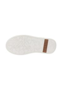Suela de zapatilla blanca que presenta un patrón texturizado que asemeja un mapa, con un acento rectangular marrón que muestra el nombre de la marca.