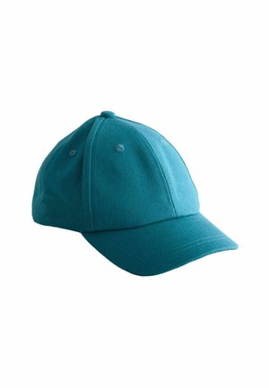 Cappello in cotone turchese con visiera curvata, design a cinque pannelli e cuciture decorative. Presenta occhielli di ventilazione per la traspirabilità.