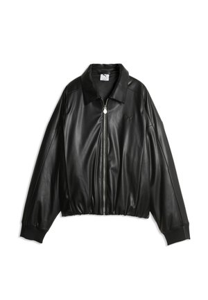 Veste noire en cuir synthétique avec fermeture éclair intégrale, col, poignets côtelés et ourlet élastiqué, étalée à plat sur fond blanc.