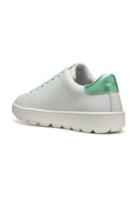 White leather sneaker with a mint green heel accent and matching laces. Features a thick, textured rubber sole for added grip.