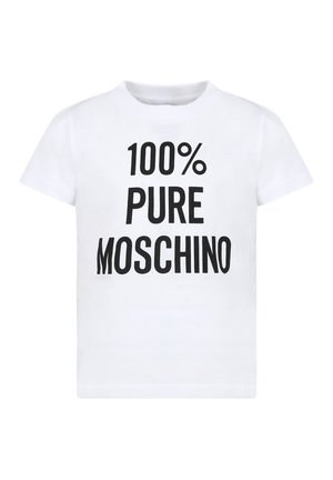 T-shirt bianco in cotone con testo nero in grassetto: "100% PURE MOSCHINO." Maniche corte e design classico con collo rotondo.