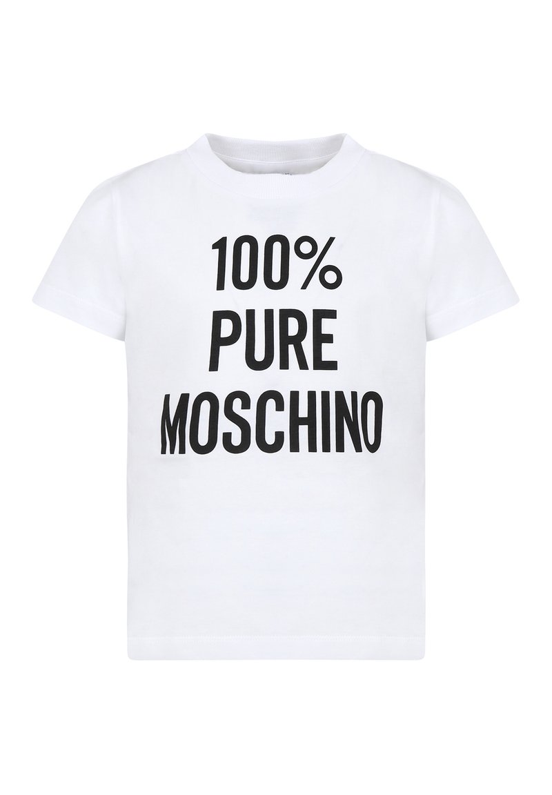 T-shirt bianco in cotone con testo nero in grassetto: "100% PURE MOSCHINO." Maniche corte e design classico con collo rotondo.