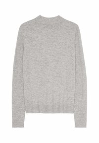 Grijze gebreide trui met lange mouwen, ronde hals en ribbelrand. Gemaakt van zacht materiaal en heeft een gladde, gelijkmatige textuur.