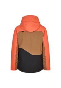 Kapuzenshirt mit orangefarbenem oberen Abschnitt, braunem Mittelteil und schwarzem unteren Abschnitt. Glatte Textur, geometrisches Farbkombinationsdesign.