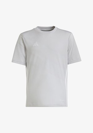 Hellgraues Sport-T-Shirt aus atmungsaktivem Stoff. Verfügt über kurze Ärmel, einen Rundhalsausschnitt und dezente Texturdetails an den Seiten.