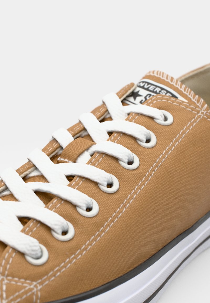 Zapatillas de lona marrón con cordones blancos, suela de goma y acentos grises. Incluye costuras dobles y una etiqueta de logo en la lengüeta.