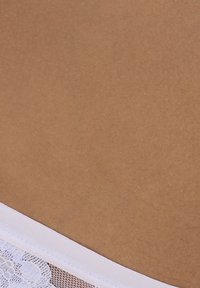 Beige Unterwäsche mit weißer Spitzenborte. Der Stoff wirkt weich mit einer glatten Textur und einem leicht transparenten Spitzenakzent entlang des unteren Randes.