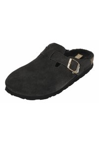 Black suede clog with an adjustable metal buckle, soft interior lining, and a textured rubber sole. Classic slip-on design.