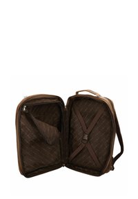 Sac de voyage marron avec deux compartiments, sangles intérieures pour sécuriser les objets, doublure en tissu lisse et une poche zippée d'un côté.