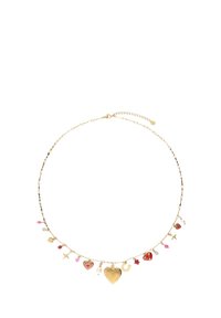 Gouden ketting met een delicate schakelketting en verschillende bedels, waaronder harten en sterren, met rode en roze accenten.