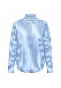 Blouse à manches longues rayée verticalement bleu et blanc, avec col pointu et trois boutons décoratifs argentés sur le devant.