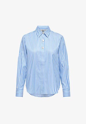 Blå og hvid langærmet bluse med lodrette striber, spidst krave og tre dekorative sølvknapper foran.