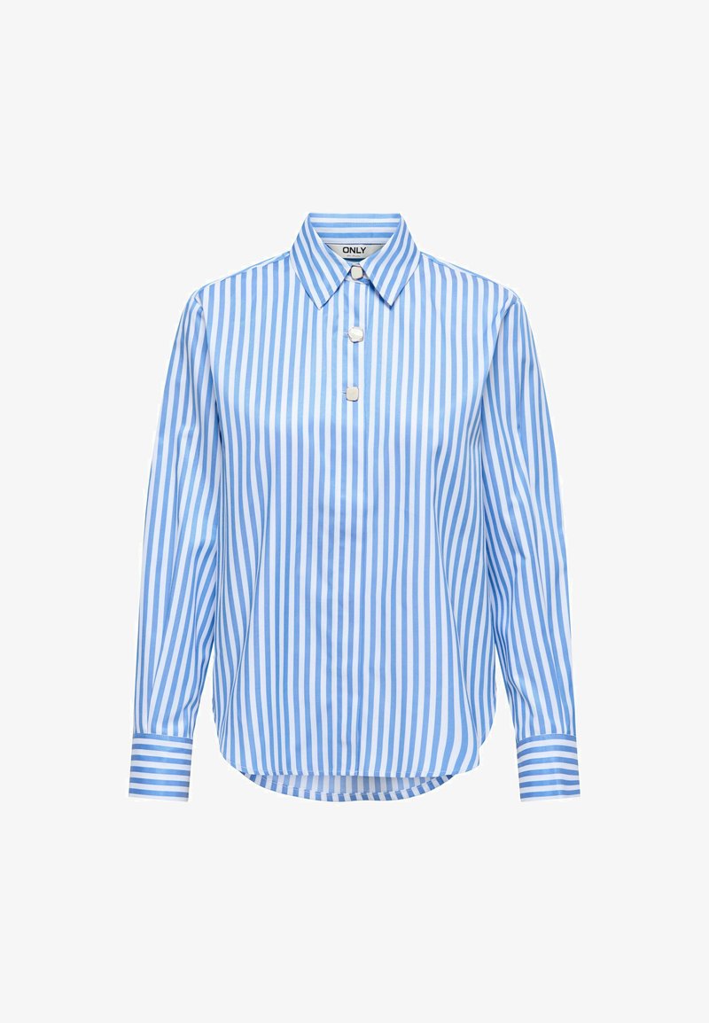 Blouse à manches longues rayée verticalement bleu et blanc, avec col pointu et trois boutons décoratifs argentés sur le devant.