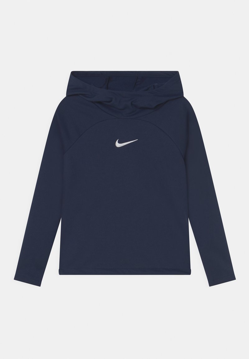 Marineblaues Hoodie mit langen Ärmeln, runder Ausschnitt und kleinem weißen Nike-Logo auf der Brust. Weicher Stoff, minimalistisches Design.