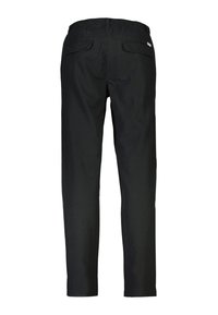 Zwarte broek met een rechte pijpdesign, elastische taille, twee achterzakken en een gladde, matte textuur. Eenvoudige en functionele stijl.
