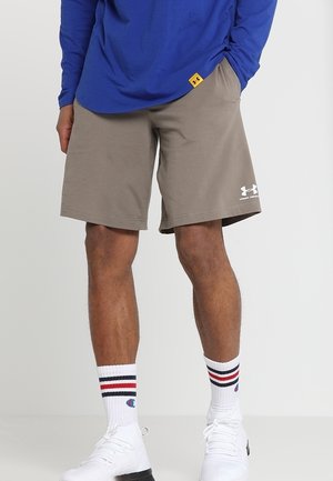 Homme portant un short gris Under Armour, un t-shirt bleu à manches longues, des chaussettes blanches avec des rayures rouges et noires, et des chaussures de sport blanches.