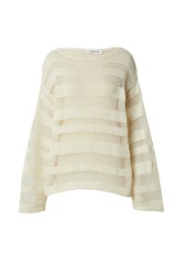 Beige gestrickter Pullover mit lockerem Schnitt, der horizontale Streifen und weite Ärmel aufweist. Leichte Textur mit einem offenen Gewebemuster.