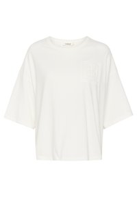 Hvid cropped T-shirt, afslappet pasform, blødt bomuldsstof, oversized korte ærmer, med et tonalt lomme-logo på venstre bryst.