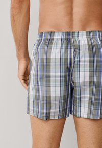 Shorts de bain à carreaux aux nuances de vert, bleu et blanc. Confectionnés dans un tissu léger avec une taille élastique et une coupe ample.