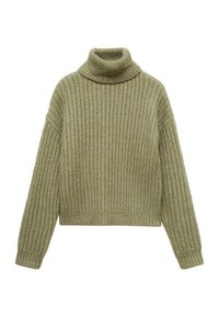 Ljusgrön, ribbade polotröja med avslappnad design. Har långa ärmar och en kortad längd, tillverkad av strukturerad stickad material.