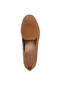Brown suede slip-on shoe with a smooth texture, round toe, and a padded insole. Visible stitching along the edges emphasizes design.