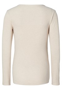 Langsleeve top in lichtbeige geribbeld breiwerk. Beschikt over een ronde halslijn en aansluitende mouwen met een gladde textuur.