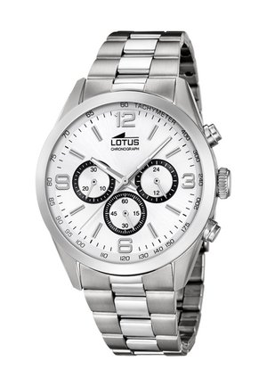 Silberne Lotus-Chronograph-Armbanduhr mit weißem Zifferblatt, drei schwarzen Hilfszifferblättern, Tachymeterskala und Metallgliederarmband.