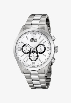 Srebrna Lotus kronografska zapestna ura z belim številčnico, tremi črnimi podštevilčnicami, tahimetrično lestvico in zapestnim paščkom iz kovinskih členov.